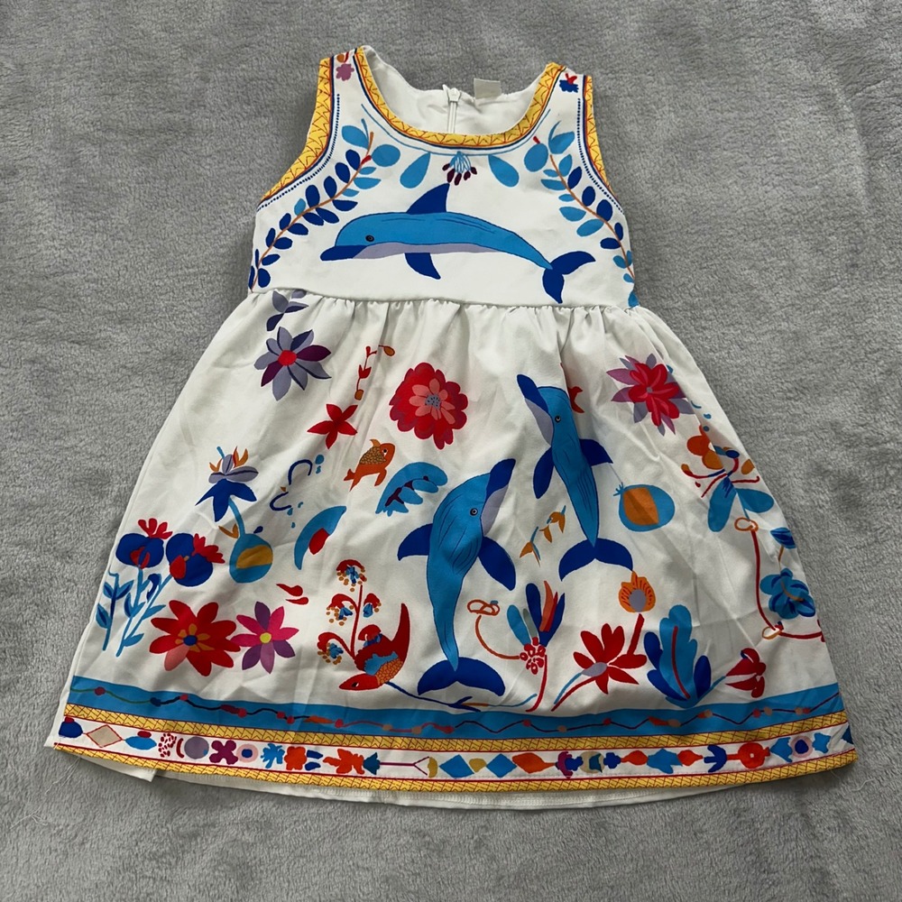 Mini Taylor Dolphin Floral Dress Kids 1-2Y White Blue Tropical Summer Sleeveless
